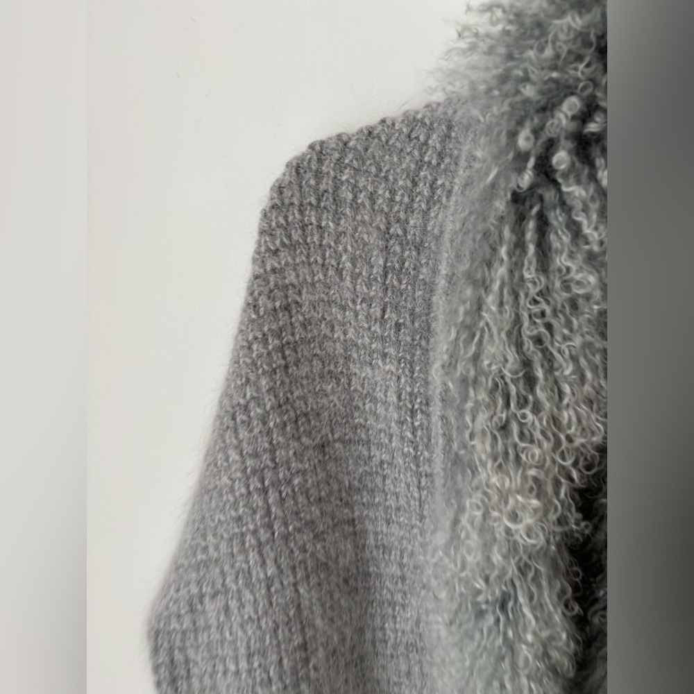 Wool Blend Cardigan Coat With Removable Mongolian Fur Collar Gray Size L - Picture 2 of 13